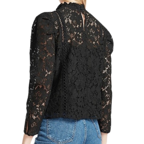 New with Tags Expess Women's Lace Puff Long Sleeve Top Black Mock Neck Blouse - Picture 2 of 16